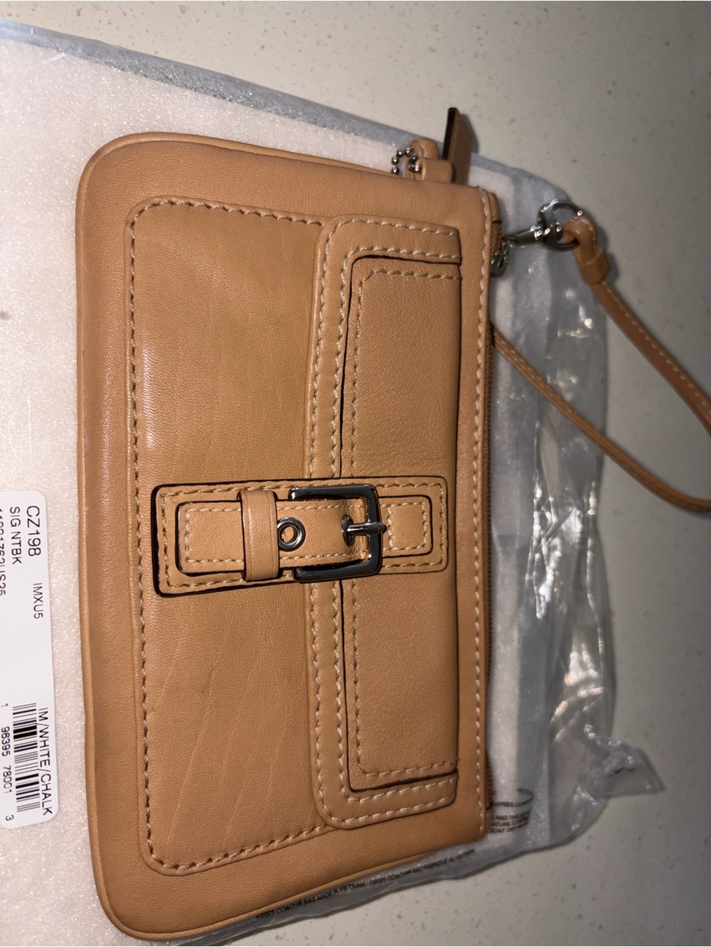 Coach Tan Leather Wristlet Clutch with Buckle Detail